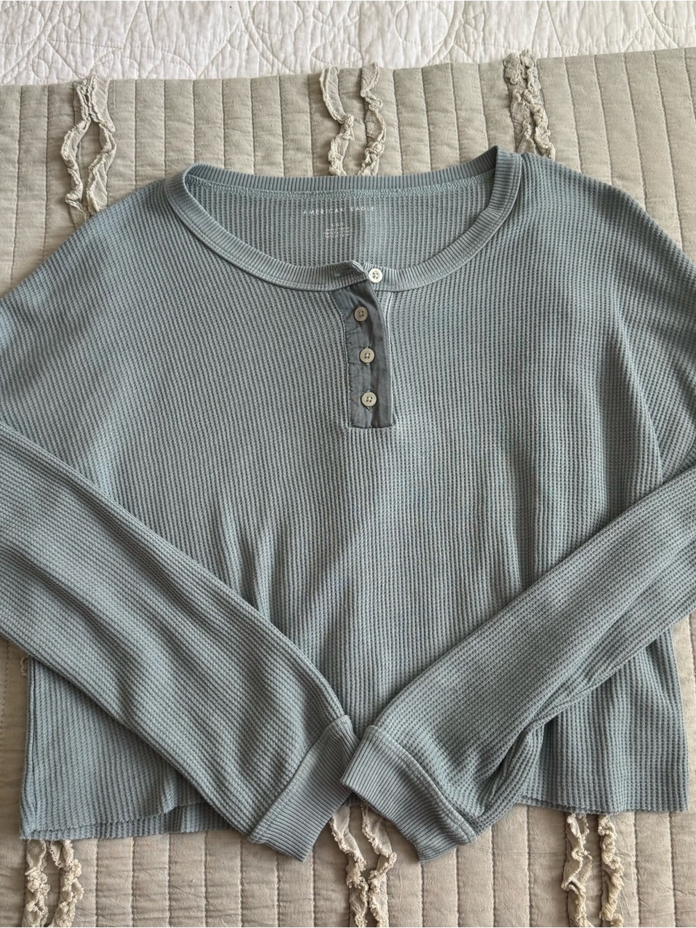 American Eagle Outfitters Light Sage Green Waffle Henley Long Sleeve